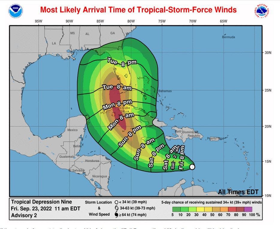 Most likely arrival time of tropical storm-force winds.