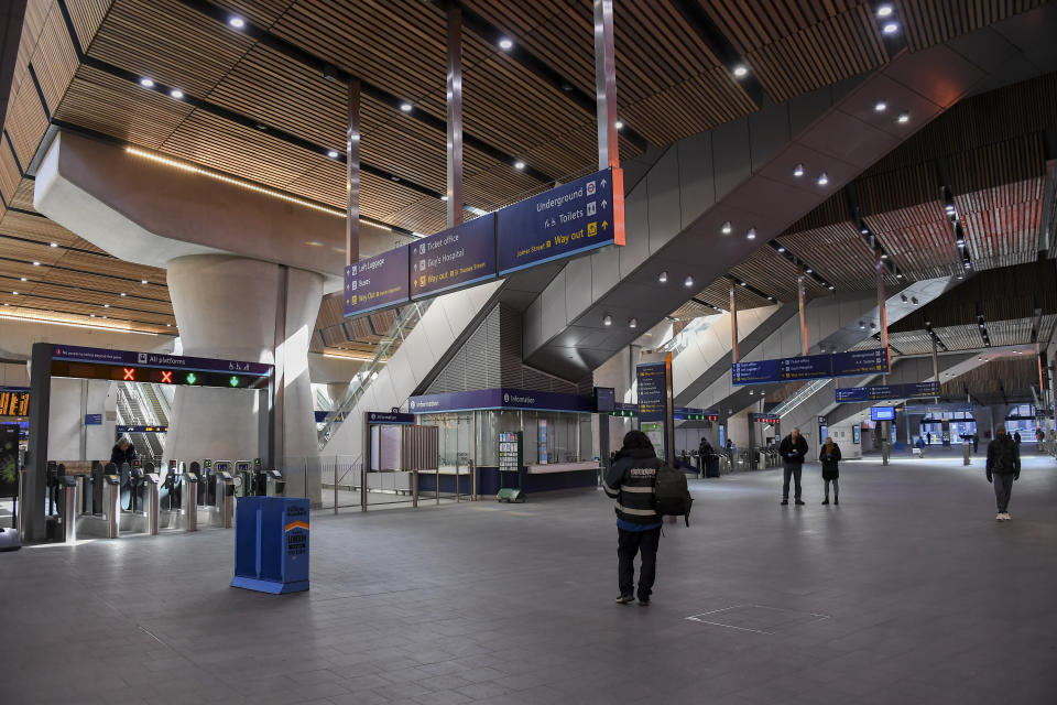 General view of a near empty London Bridge Station, in London, Tuesday, March 24, 2020. Britain's Prime Minister Boris Johnson on Monday imposed its most draconian peacetime restrictions due to the spread of the coronavirus on businesses and social gatherings. For most people, the new coronavirus causes only mild or moderate symptoms. For some it can cause more severe illness.(AP Photo/Alberto Pezzali)