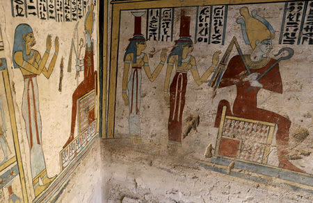 Preserved wall paintings inside the newly discovered burial site, Tomb of Tutu, at al-Dayabat, Sohag, Egypt April 5, 2019. REUTERS/Mohamed Abd El Ghany