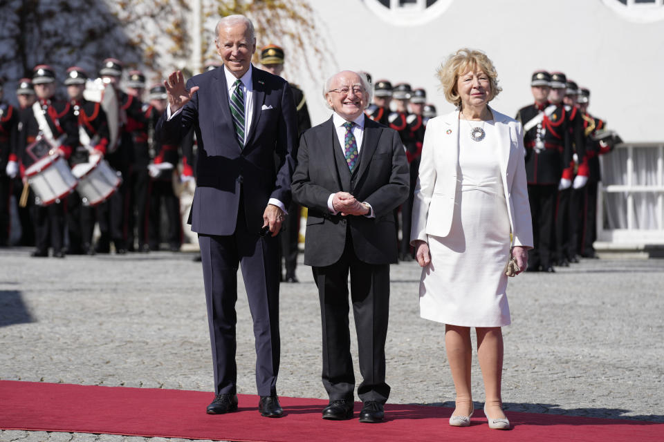 President Joe Biden poses for a photo with Irish President Michael Higgins and his wife Sabina at Aras an Uachtarain, Thursday, April 13, 2023, in Dublin. (AP Photo/Patrick Semansky)