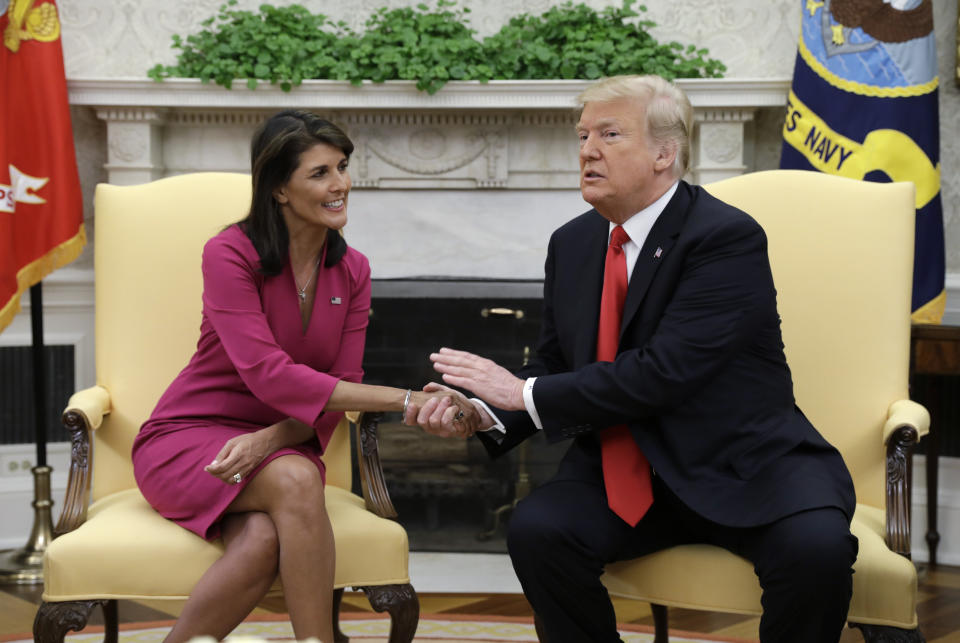 President Trump meets with outgoing U.S. Ambassador to the United Nations Nikki Haley in the Oval Office of the White House on Tuesday. (Photo: AP/Evan Vucci)