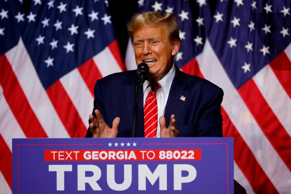 PHOTO: Republican presidential candidate and former U.S. President Donald Trump addresses a campaign rally at the Forum River Center March 09, 2024 in Rome, Ga. (Chip Somodevilla/Getty Images)