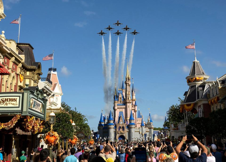 As part of Disney’s enduring respect for those who serve in the military and their families, Walt Disney World Resort hosted the U.S. Air Force Thunderbirds for a flyover of Magic Kingdom Park and EPCOT on Oct. 30, 2023. The event marks the arrival of National Veterans and Military Families Month in November.  (Kent Phillips, Photographer)