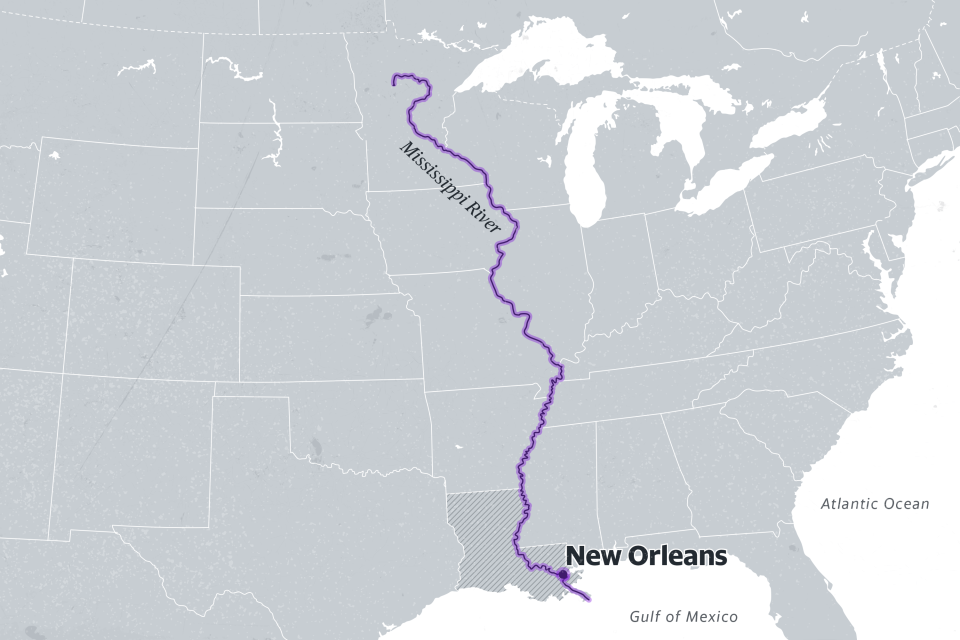 A map showing the Mississippi River's path through a number of U.S. states.