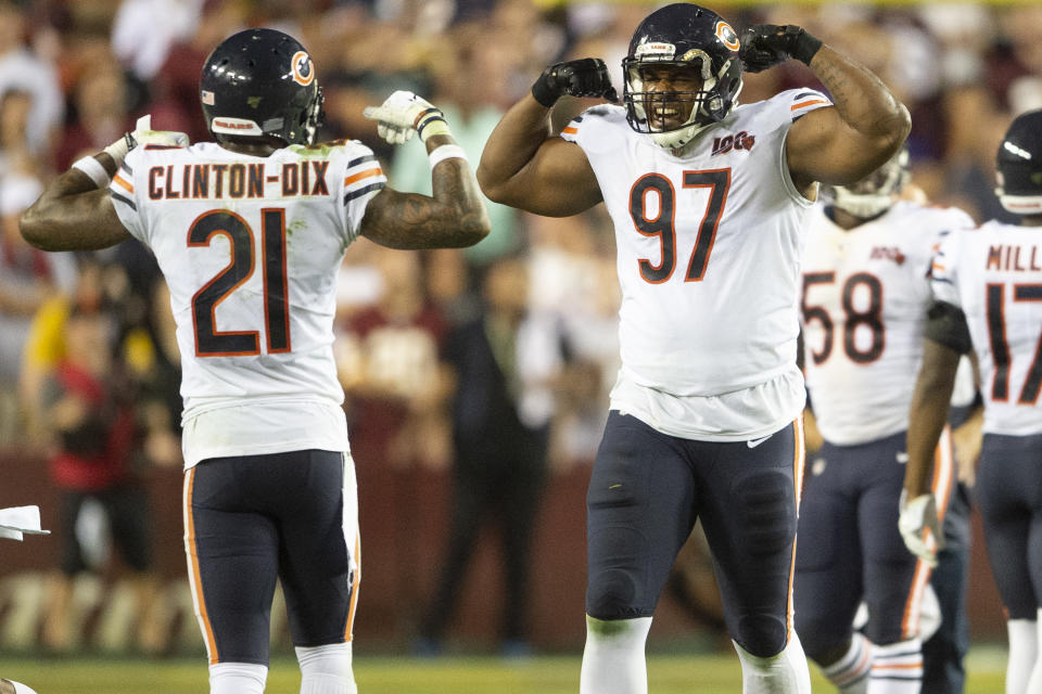 Sep 23, 2019; Landover, MD, USA; Chicago Bears safety Ha Ha Clinton-Dix (21) and defensive tackle Nick Williams (97) reacts during the second half against the Washington Redskins at FedExField. Mandatory Credit: Tommy Gilligan-USA TODAY Sports