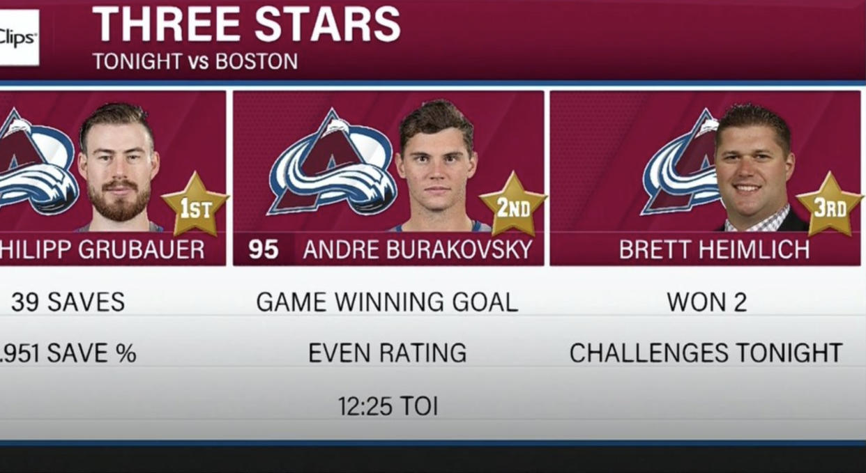 Brett Heimlich, the Avalanche's video coach, shone against the Bruins on Thursday night and Colorado's broadcast of the game made sure to give him the credit he deserved.