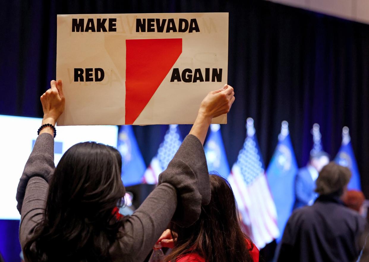 People gather at a Republican midterm election night party at Red Rock Casino on November 08, 2022 in Las Vegas, Nevada. Former Attorney General of Nevada and Nevada Republican U.S. Senate nominee Adam Laxalt is in a tight race in his campaign to unseat incumbent U.S. Sen. Catherine Cortez Masto (D-NV).