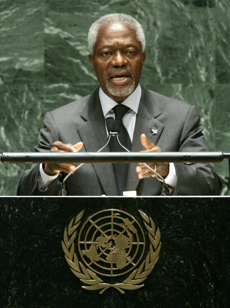 FILE - In this Monday May 2, 2005 file photo U.N. Secretary-General Kofi Annan addresses a conference to review to review the Nuclear Nonproliferation Treaty at the United Nations headquarters in New York. Annan, one of the world's most celebrated diplomats and a charismatic symbol of the United Nations who rose through its ranks to become the first black African secretary-general, has died. He was 80. (AP Photo/Richard Drew, File)