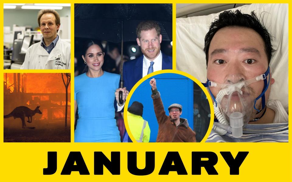 (From left) Virologist Chris Smith; bush fires in Australia; Harry and Meghan; Matt Raw punches the air after leaving quarantine; Dr Li Wenliang - Keith Heppell/Cambridge Independent/Reuters, PA Images/ Getty Images