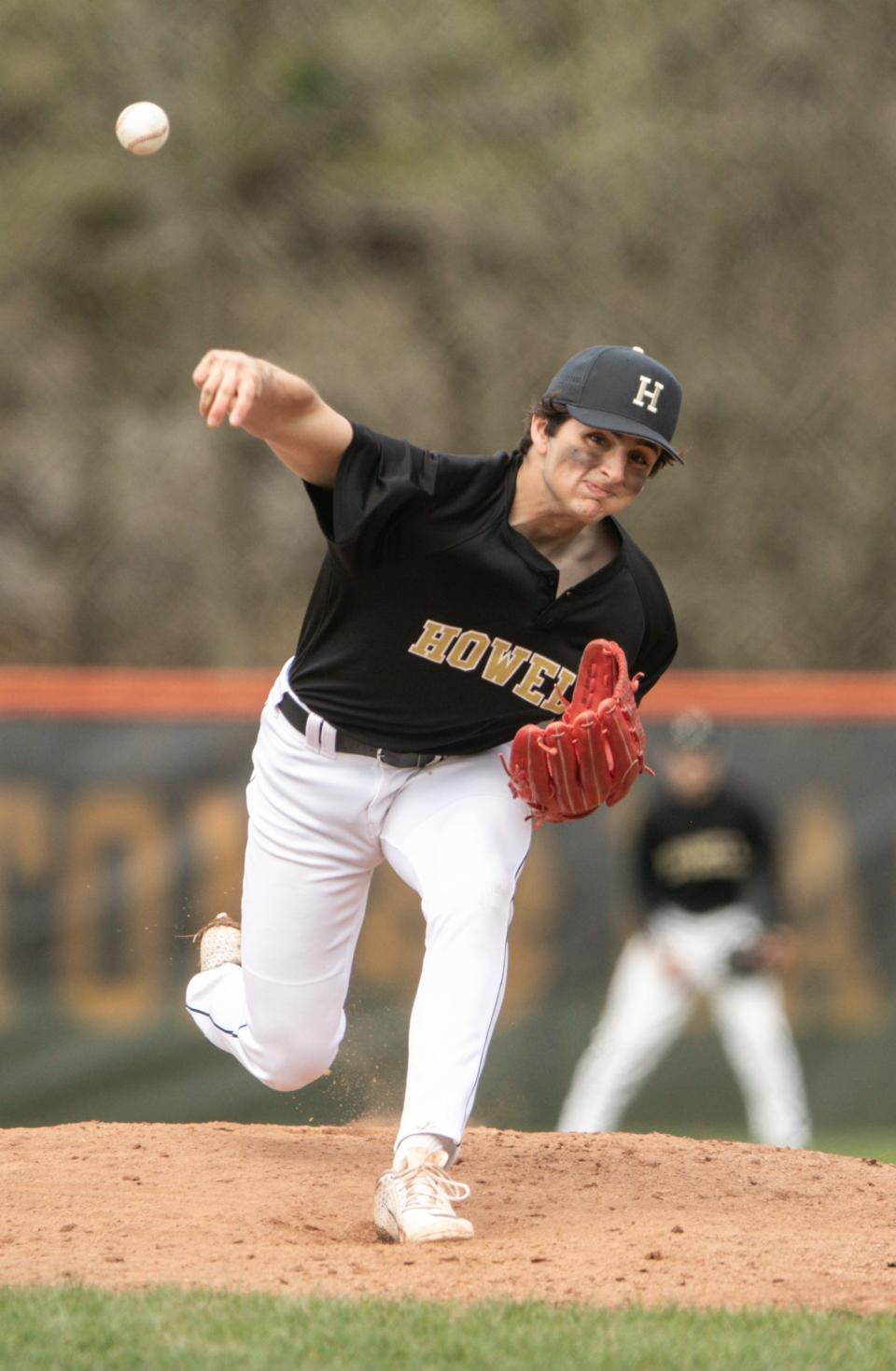 Howell's Justin Militello pitched four innings in each game of a doubleheader sweep of Brighton, allowing only one run, on Wednesday, May 4, 2022.