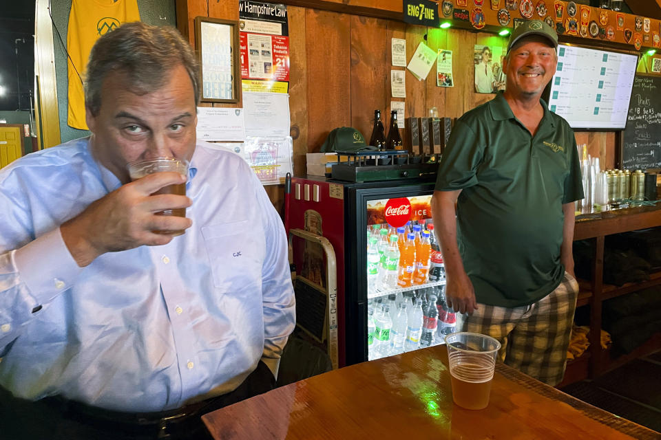 Republican presidential candidate former New Jersey Gov. Chris Christie visits a brewery in Goffstown, N.H., as he courts voters on Tuesday, Sept. 12, 2023. He's one of the few GOP candidates focusing on the Granite State this year. Most of the Republican presidential field is focusing their money, time and attention on Iowa. (AP Photo/Steve Peoples)