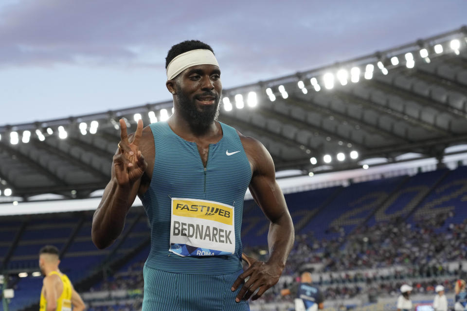 Kenneth Bednarek of the United States celebrates after winning the men's 200-meter competition at the Golden Gala Pietro Mennea IAAF Diamond League athletics meeting in Rome, Thursday, June 9, 2022. (AP Photo/Andrew Medichini)