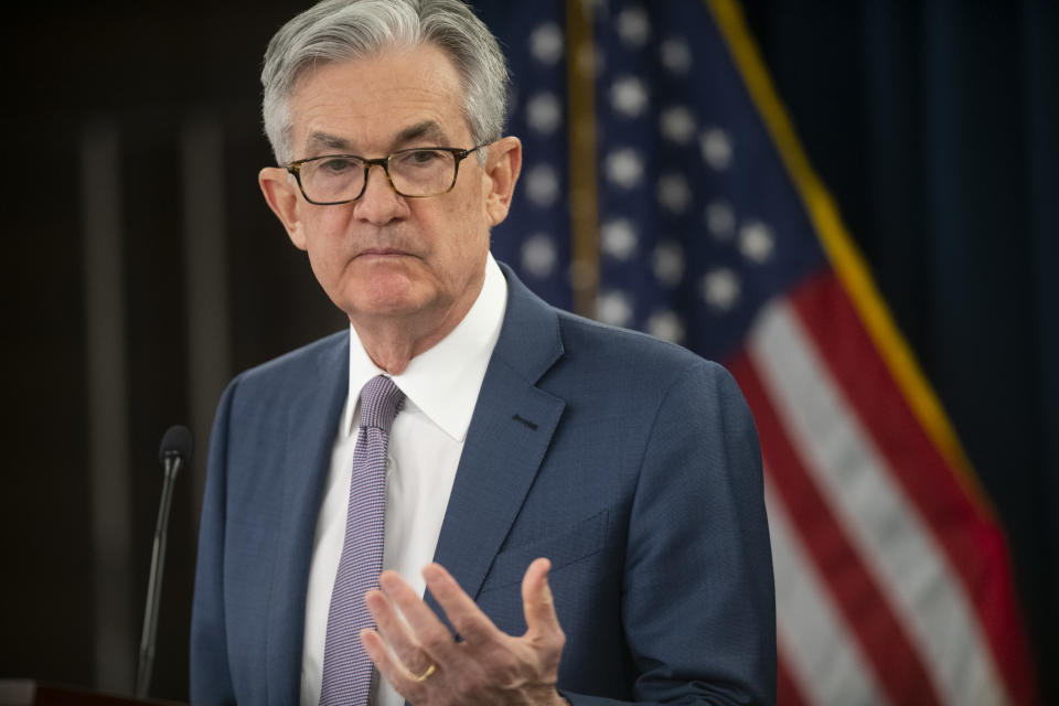 WASHINGTON, DC - MARCH 03: Federal Reserve Chair Jerome H. Powell announces a half percentage point interest rate cut during a speech on March 3, 2020 in Washington, DC. (Photo by Mark Makela/Getty Images)