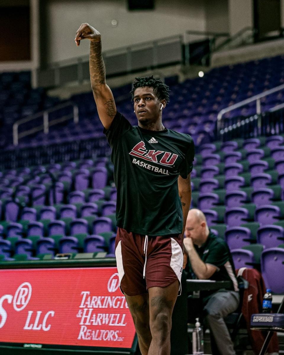 Taelon Martin warms up before an Eastern Kentucky game this past season.