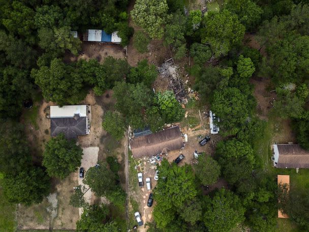 PHOTO: In this aerial view, an exterior of a crime scene where five people were killed after a shooting inside a home, April 29, 2023 in Cleveland, Texas. (Go Nakamura/Getty Images)