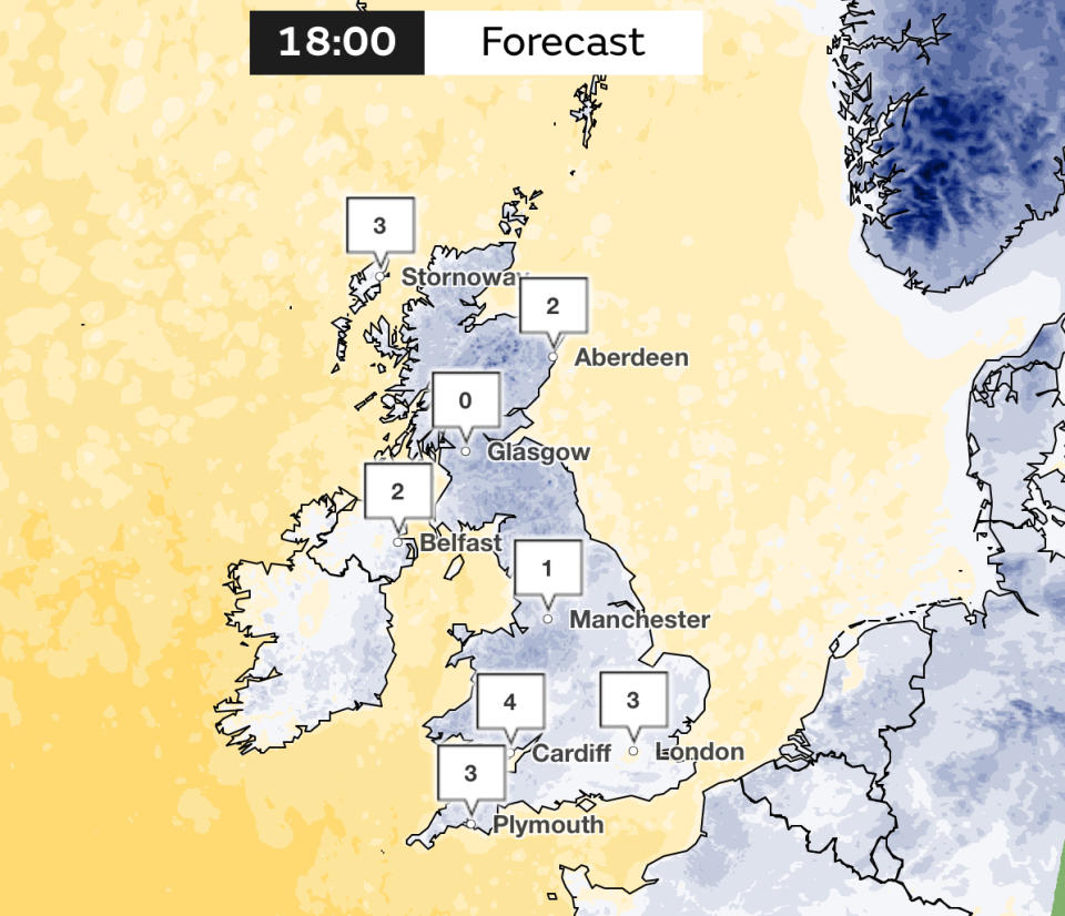 Temperature forecast for 6pm Friday. (Met Office)