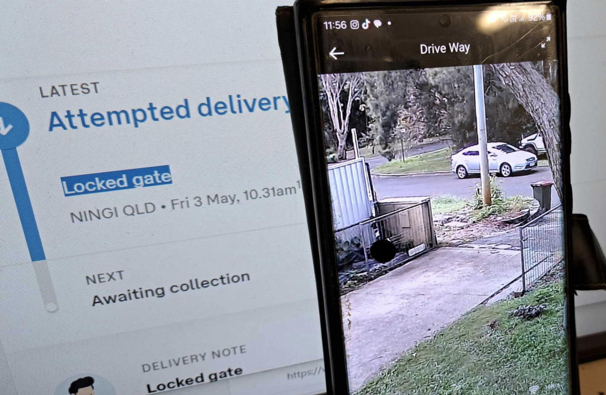 The Australia Post attempted delivery alert stating the gate was locked (left) side-by-side with a CCTV image of the gate open.  