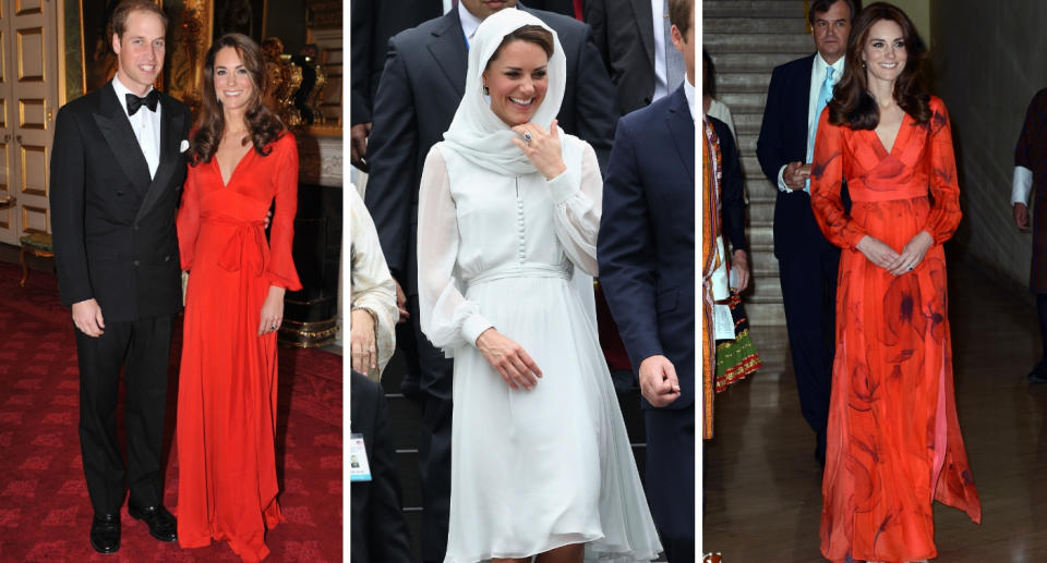 The Duchess wearing Beulah London (l-r) in 2011, in Malaysia in 2012 and in Bhutan in 2016 [Photos: Getty]