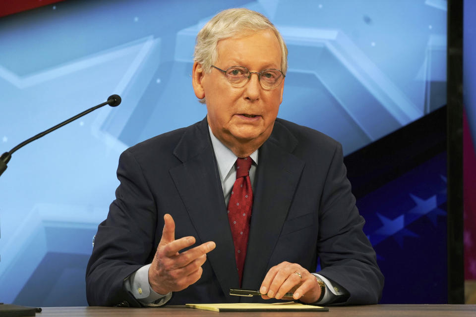 Senate Majority Leader Mitch McConnell, R-Ky., speaks during a debate with opponent Amy McGrath in Lexington, Ky., Monday, Oct. 12, 2020. (Michael Clubb, The Kentucky Kernel via AP Pool) / Credit: Michael Clubb / AP