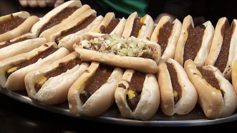 plate of 17 chili dogs