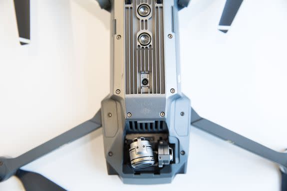 Flip the Mavic Pro over and you can see its sensors and camera gimbal.