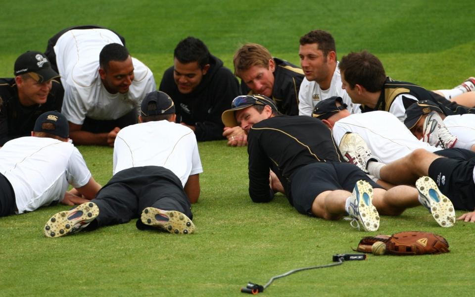 Michael Vaughan of Yorkshire looks on with (top left-right) Gerard Brophy, Ajmal Shahzad, Azeem Rafiq, John Blain and Tim Bresnan prior to the Twenty20 Cup match between Nottinghamshire and Yorkshire at Trent Bridge - Getty Images/Clive Mason