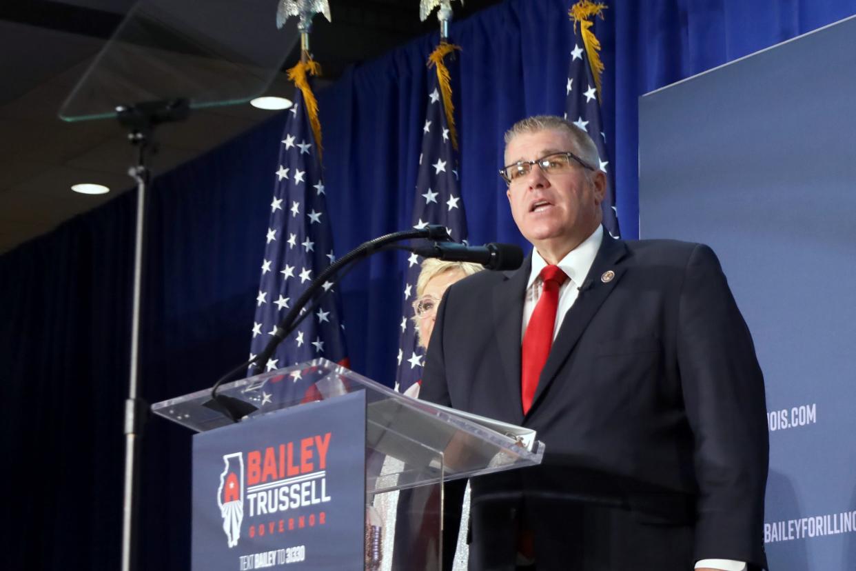 Republican gubernatorial nominee and state senator Darren Bailey delivering his speech after winning the 2022 primary election.