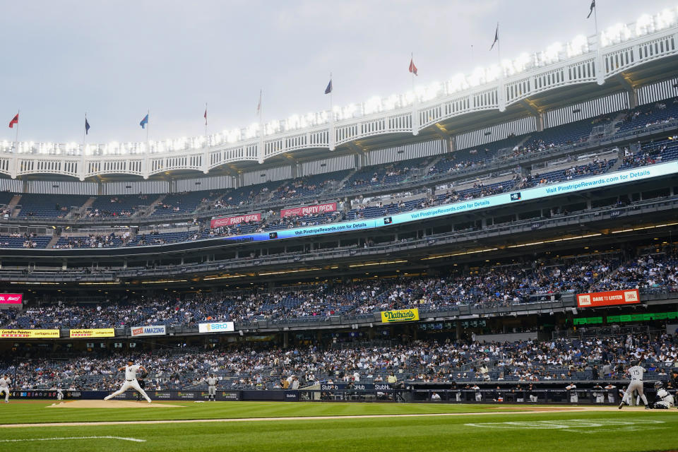 New York Yankees' Randy Vasquez pitches to Chicago White Sox's Clint Frazier during the first inning in the second baseball game of a doubleheader Thursday, June 8, 2023, in New York. (AP Photo/Frank Franklin II)