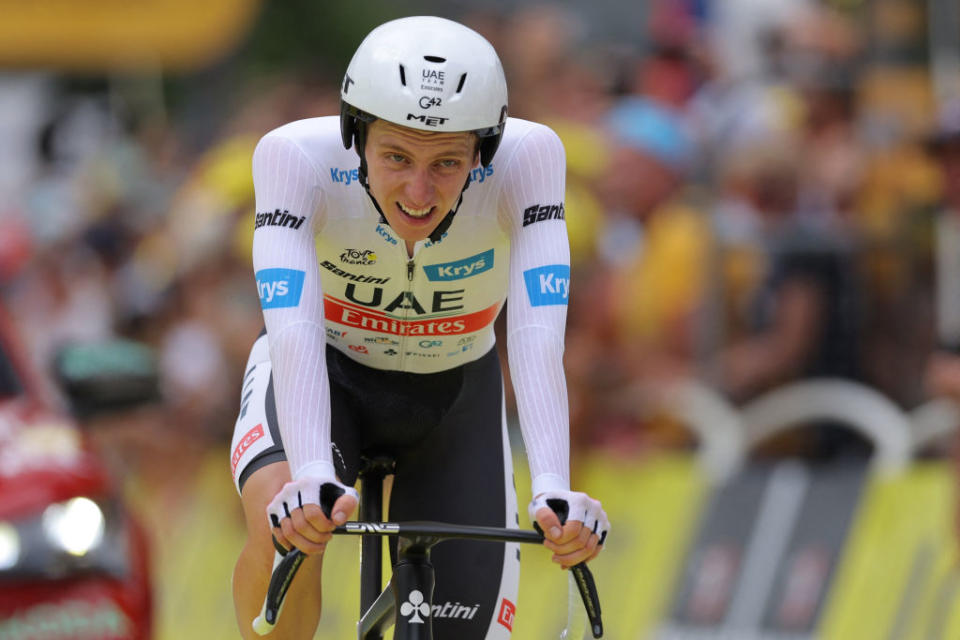 UAE Team Emirates' Slovenian rider Tadej Pogacar wearing the best young rider's white jersey reacts after finishing the 16th stage of the 110th edition of the Tour de France cycling race, 22 km individual time trial between Passy and Combloux, in the French Alps, on July 18, 2023. (Photo by Thomas SAMSON / AFP)