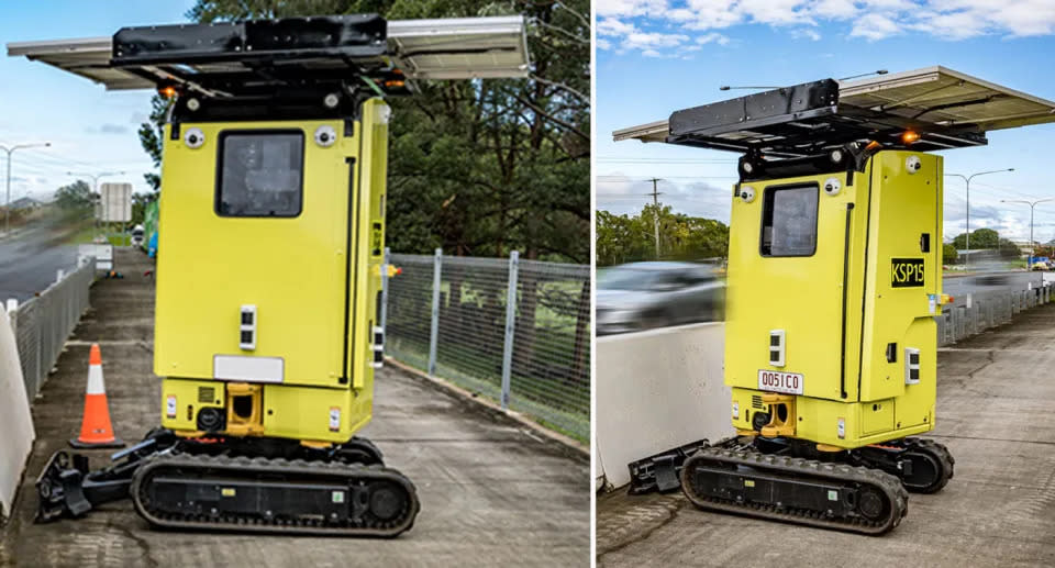 Portable solar-powered cameras at a Queensland roadworks site.