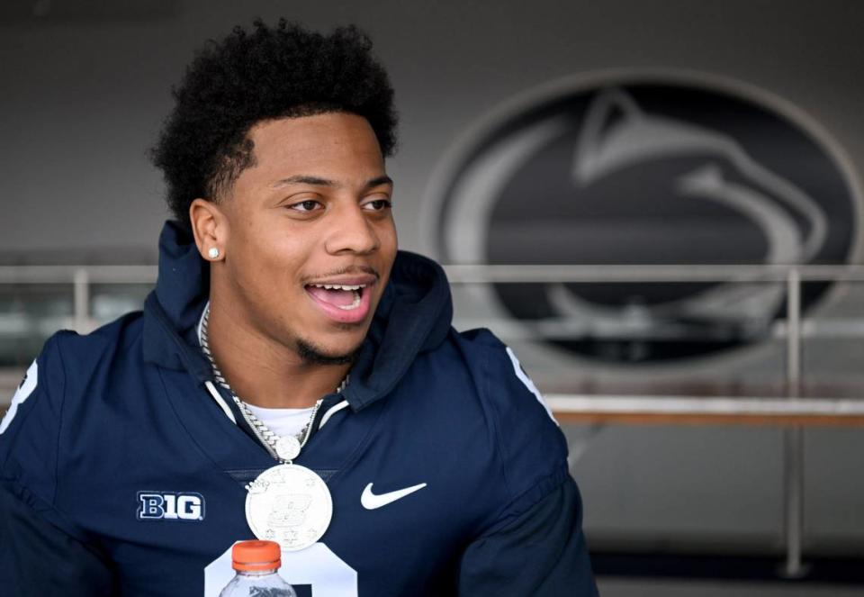 Penn State safety DaKaari Nelson talks with reporters on Tuesday, Feb. 13, 2024.