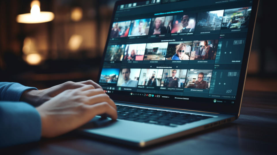 A close-up of a hand using a laptop to control an immersive video meeting.