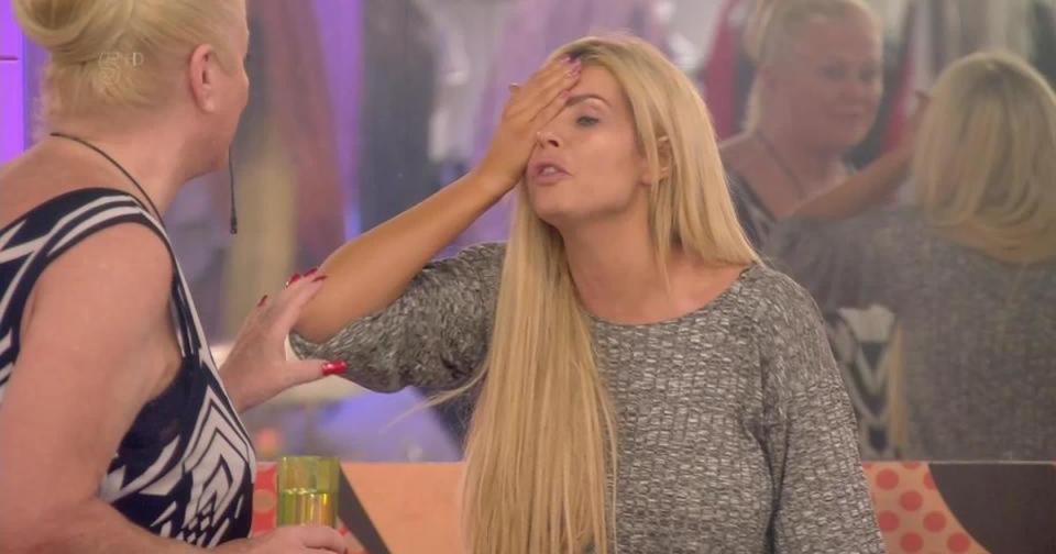 Nicola McLean covered her right eye while she argued with fellow housemate Kim Woodburn (Copyright: Channel 5)