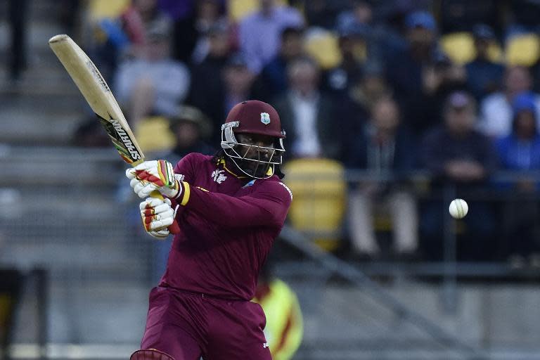 West Indies batsman Chris Gayle plays a shot during the Cricket World Cup quarter-final match against New Zealand in Wellington on March 21, 2015