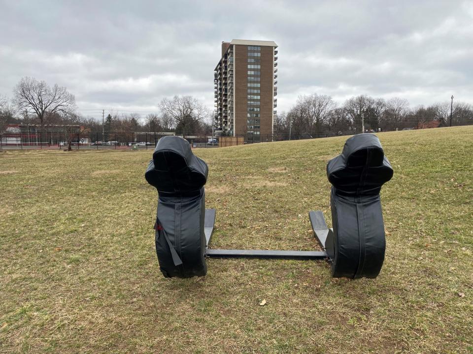 Tackling sleds sit on the field at Tarkington Park, where the Indy Steelers practice. Coach Richard Donnell Hamilton was killed Jan. 11, 2023 in a road rage incident, according to Indiana State Police. His football team must now find a way to pick up the pieces.