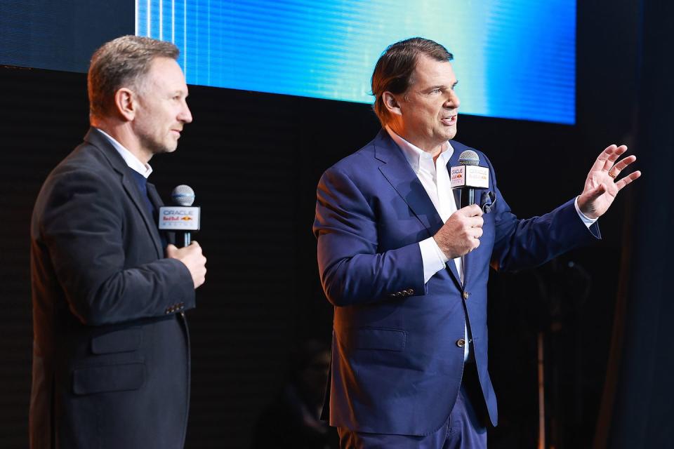 new york, new york february 03 red bull racing team principal christian horner and jim farley, ceo of ford talk on stage during the oracle red bull racing season launch 2023 at classic car club manhattan on february 03, 2023 in new york city photo by arturo holmesgetty images for oracle red bull racing