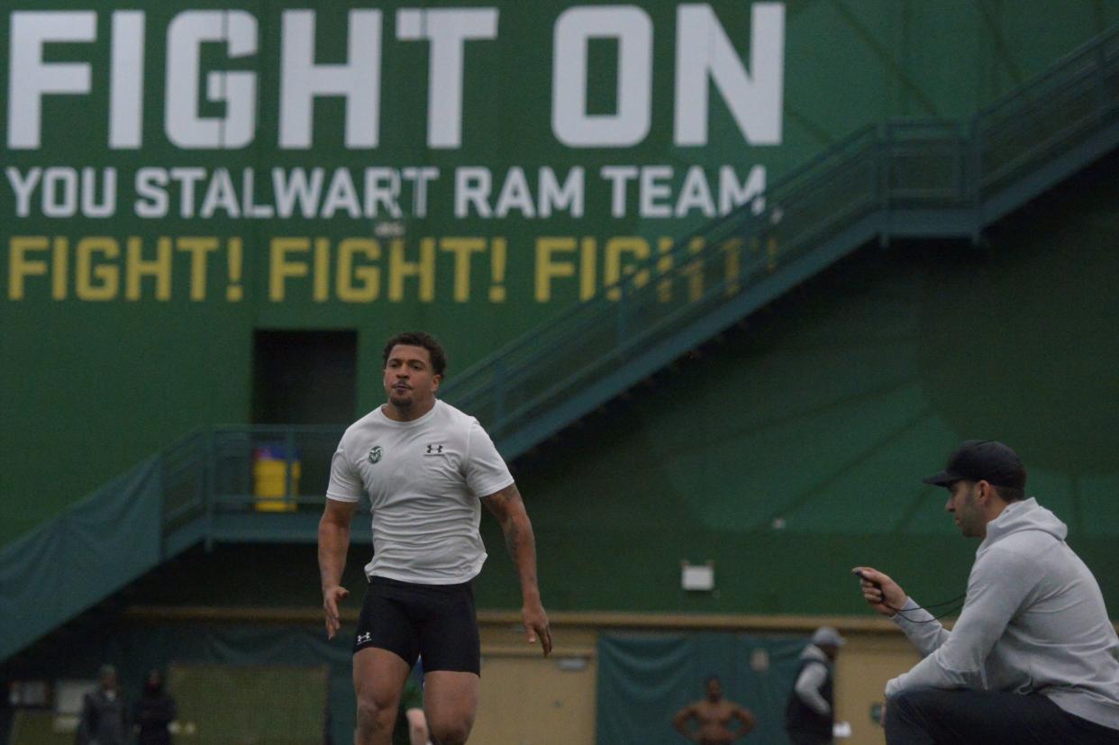 Former Colorado State football player Jamal Hicks works out during pro day at CSU on Friday.