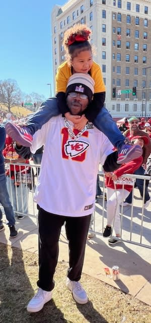 James Lemons was carrying daughter Kensley on his shoulders at the Kansas City Chiefs Super Bowl parade when he felt a bullet enter the back of his right thigh. He says his first thought amid the chaos was getting his family to safety. (Brandie Lemons)