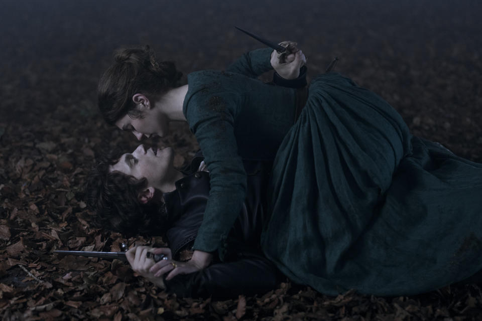 Emily Bader as Lady Jane Grey and Edward Bluemel as Guildford Dudley in My Lady Jane. (Prime Video)