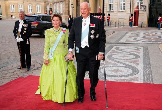 <p>MADS CLAUS RASMUSSEN/Ritzau Scanpix/AFP via Getty</p> King Harald and Queen Sonja