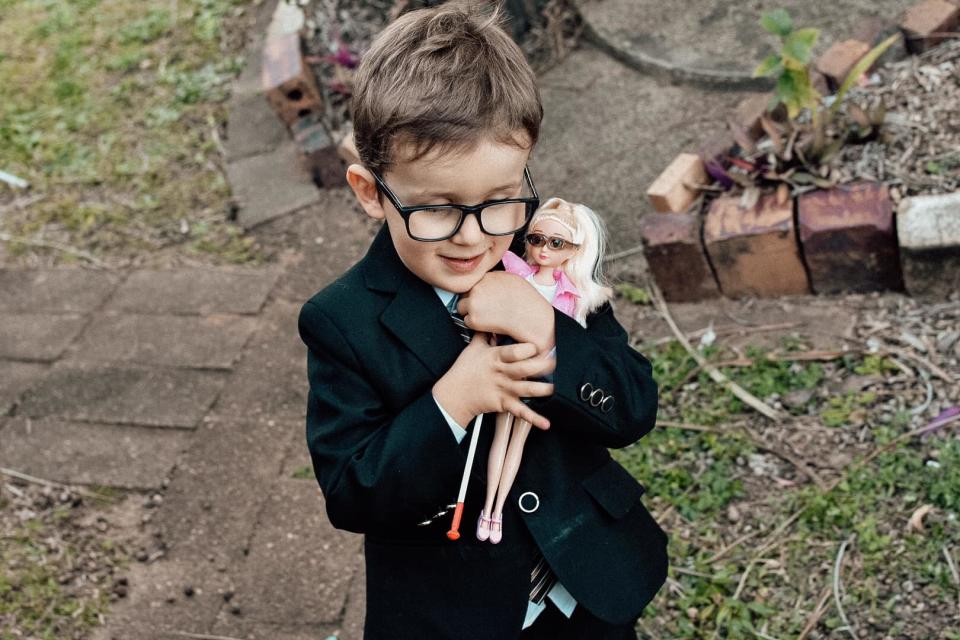 Emma Evert took to Facebook to share a touching post about her son who finally has a doll who is like him and uses a cane. Photo: Supplied