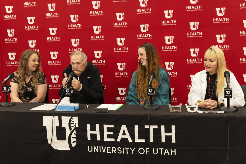 Rudy Noorlander is joined by his daughters Ashley Noorlander, left, and KateLynn Noorlander Davis, right, and his surgeon Hilary McCrary as they speak about Noorlander's recovery from a grizzly bear attack at the University of Utah Hospital in Salt Lake City, Friday, Oct. 13, 2023. Noorlander was attacked by a grizzly bear on Sept. 8, 2023, south of Big Sky, Mont. After emergency surgery in Bozeman, Noorlander was flown to the University of Utah Hospital where he has continued his care (Megan Nielsen/The Deseret News via AP)