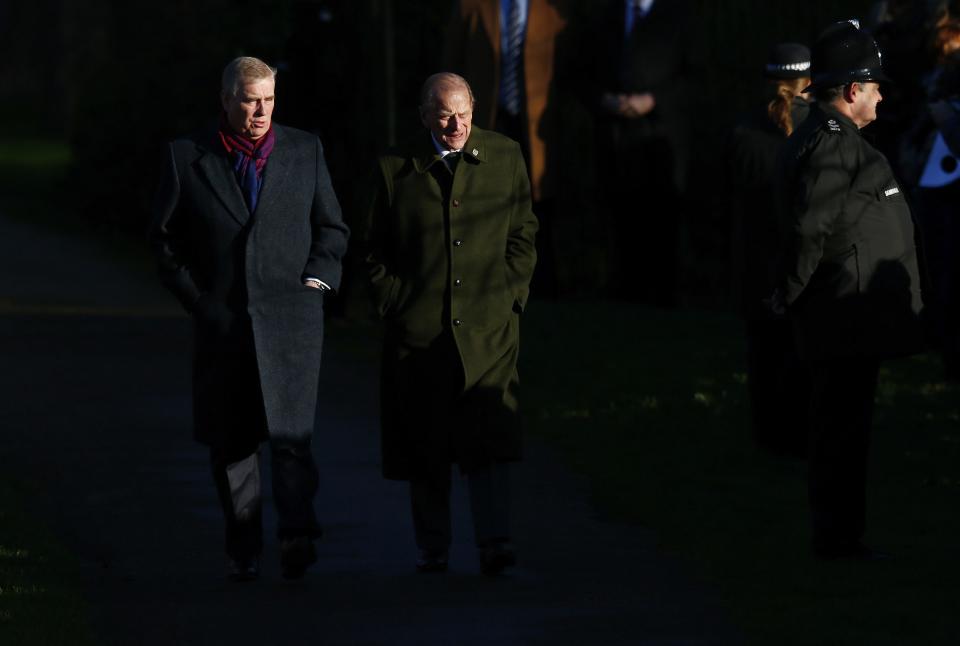 Britain's Prince Philip and Prince Andrew walk to a Christmas Day morning service in Norfolk