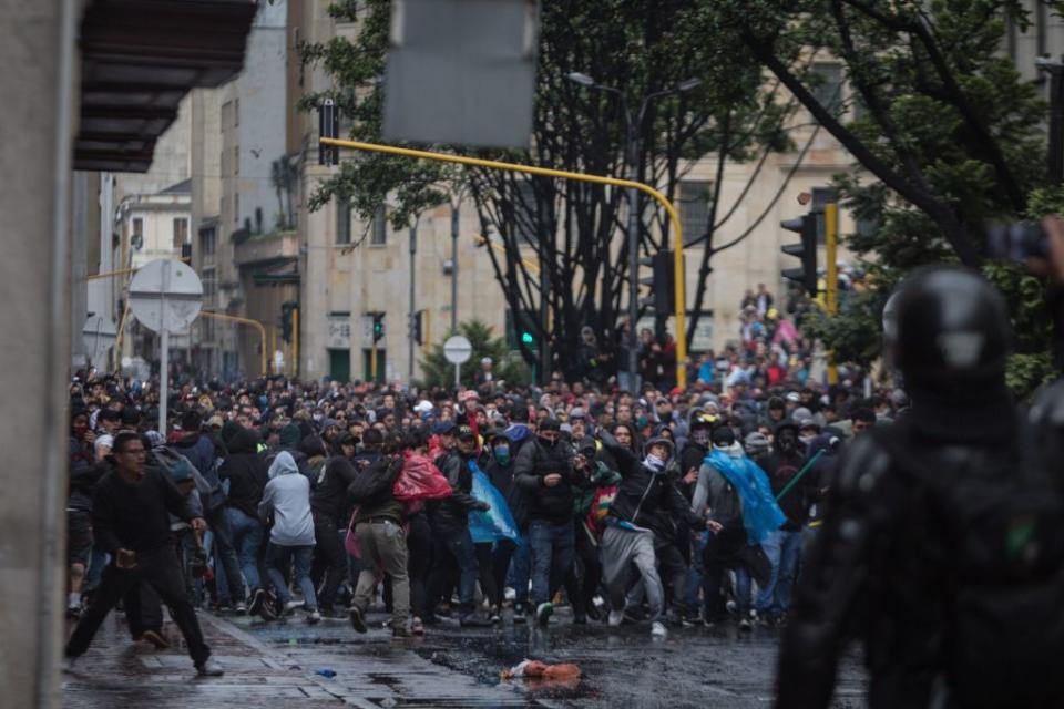 Thousands of protesters are seen streamed into the central Bolivar Square in clashes with security forces in Bogota, Colombia on Nov. 21, 2019. | Juancho Torres—Anadolu Agency/Getty Images