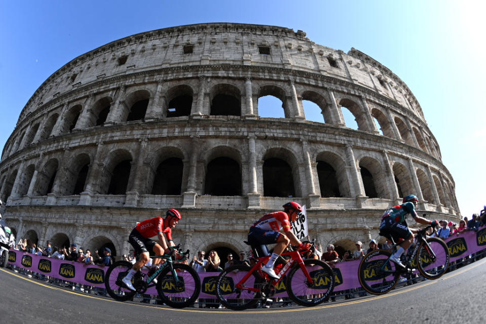 ROME ITALY  MAY 28 LR Maxime Bouet of France and Team Arka Samsic Toms Skuji of Latvia and Team Trek  Segafredo and Cesare Benedetti of Italy and Team BORA  hansgrohe compete in the breakaway close to the The Colosseum during the 106th Giro dItalia 2023 Stage 21 a 126km stage from Rome to Rome  UCIWT  on May 28 2023 in Rome Italy Photo by Tim de WaeleGetty Images