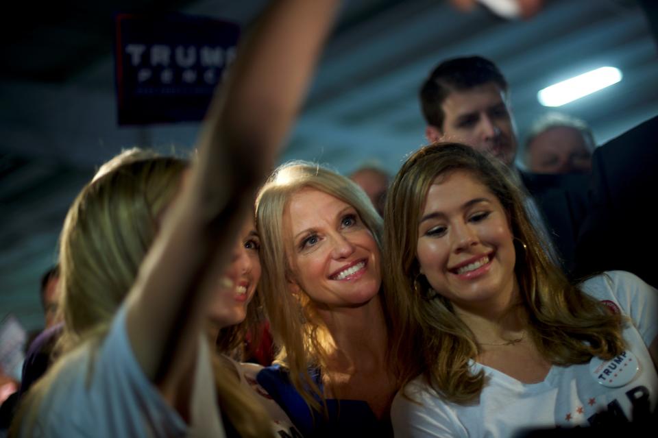 Kellyanne Conway poses for a selfie with supporters after Melania Trump, wife to the Republican Presidential nominee, delivered a speech at Main Line Sports in Berwyn, Pennsylvania November 3, 2016
