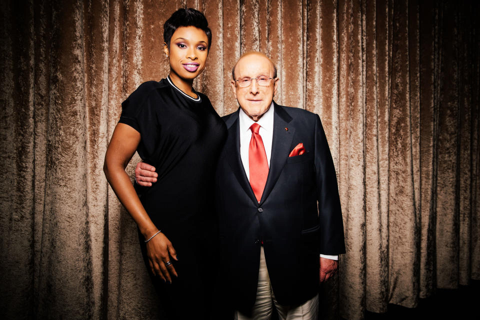 Clive Davis, right, chief creative officer of Sony Music, and singer-actress Jennifer Hudson pose at The Beverly Hilton during press day on Thursday, January 23, 2014, in Beverly Hills, Calif. Hudson will be performing at Davis' annual pre-Grammy gala on Saturday, Jan. 25, 2014, in Los Angeles. (Photo by Casey Curry/Invision/AP)