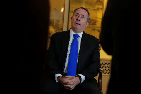 Britain's International Trade Secretary Liam Fox speaks during an interview at the residence of the British embassy in Beijing, China January 3, 2018. REUTERS/Thomas Peter