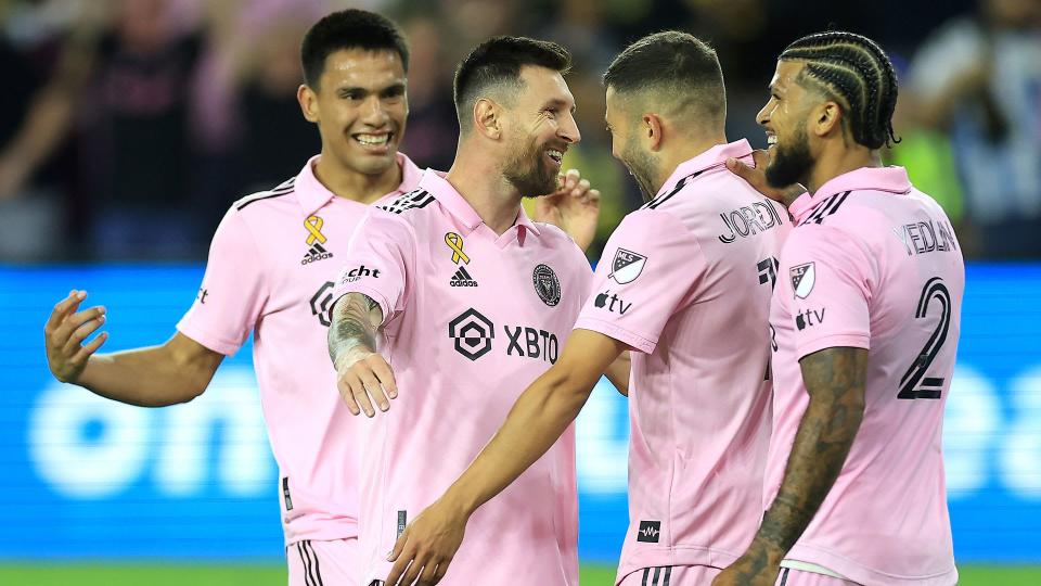 Jordi Alba of Inter Miami CF celebrates with Messi and other teammates after scoring a goal 