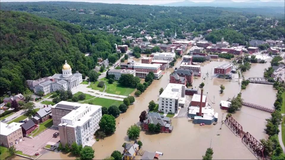 PHOTO: This image made from drone footage provided by the Vermont Agency of Agriculture, Food and Markets shows flooding in Montpelier, Vt., July 11, 2023. (Vermont Agency of Agriculture, Food and Markets via AP)